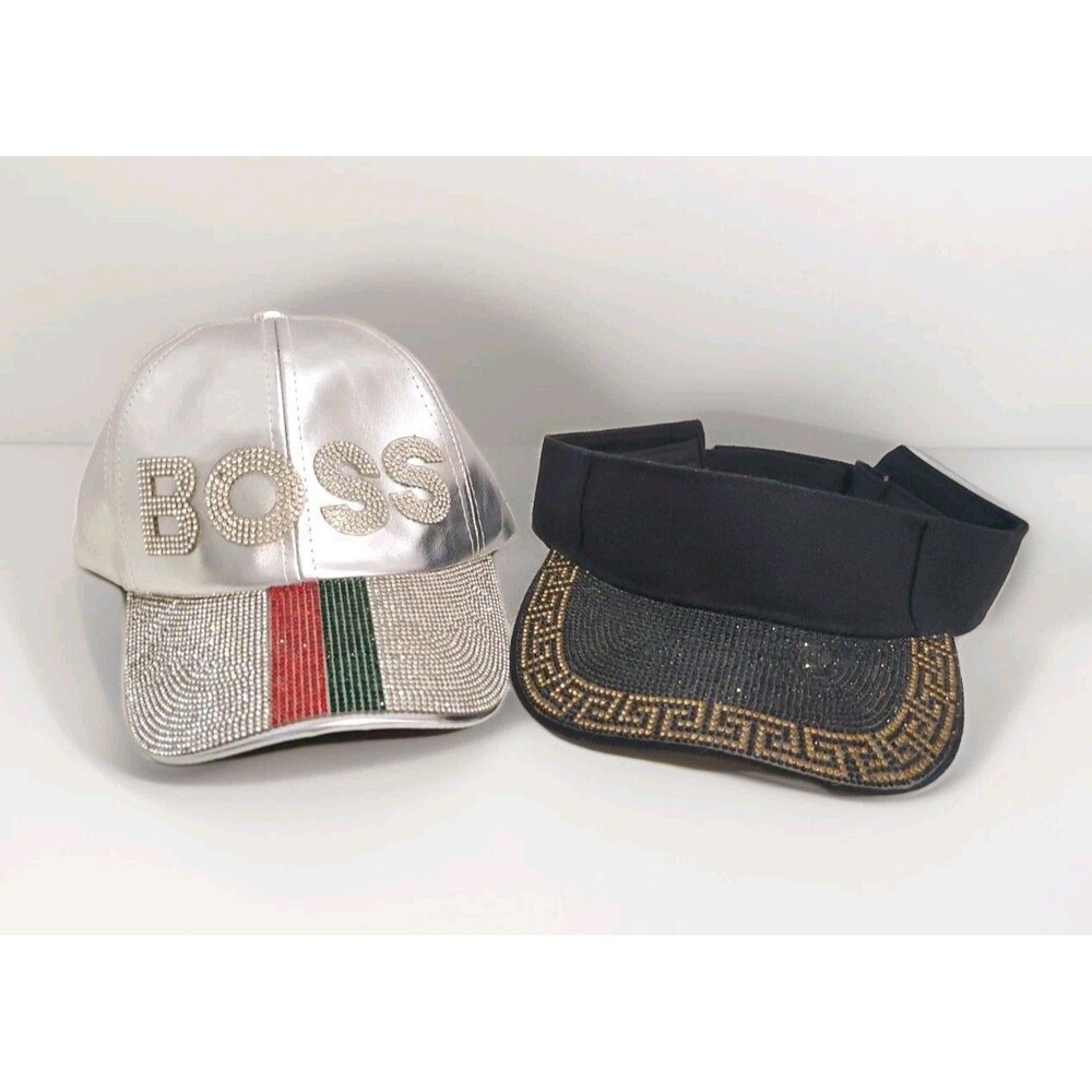 VERA NY Bling Hat & Visor Black Silver Adjustable Rhinestone PU